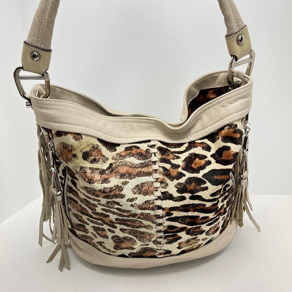 b. makowsky Handbags - B MAKOWSKY Leopard Animal Print Genuine Leather Pony Hair Shoulder Bag Fringe